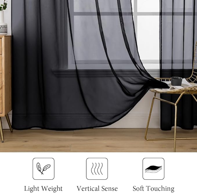 MIULEE 2 Panels Solid Color Sheer Window Curtains Elegant Halloween Window Voile Panels/Drapes/Treatment for Bedroom Living Room (54X54 Inches Black)