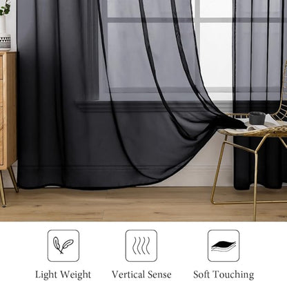 MIULEE 2 Panels Solid Color Sheer Window Curtains Elegant Halloween Window Voile Panels/Drapes/Treatment for Bedroom Living Room (54 X 84 Inches Black)