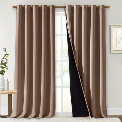 NICETOWN Warm Curtains for Winter, Complete Blackout Shades for Large Window Door, 100% Blackout Curtain Panels with Black Lined, 70 inches Width Each Panel, 95 inches Length, Cappuccino, 2 Pieces