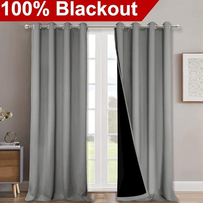NICETOWN Total Shade Curtains and Draperies, Heavy-Duty Full Light Shading Drapes with Black Liner Backing for Villa/Hall/Dorm Window（Silver Grey, Package of 2 Panels, 52 inches Wide x 95 inches Long