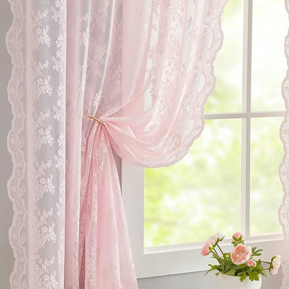 YJ YANJUN Vintage Lace Curtains 96 Inches Long 2 Panels Set Elegant Chic Floral Pink Sheer Curtain Panles for Girls Baby Living Room Bedroom Girly Preppy Room Decor Light Filtering 52" W x 96" L