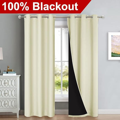NICETOWN Room Warming Blackout Curtains 80 inches Long, Full Light Blocking Drapes with Black Liner for Nursery, Thermal Insulated Draperies for Hall, Villa (Beige, 2 Pieces, 42" Wide Each Panel)