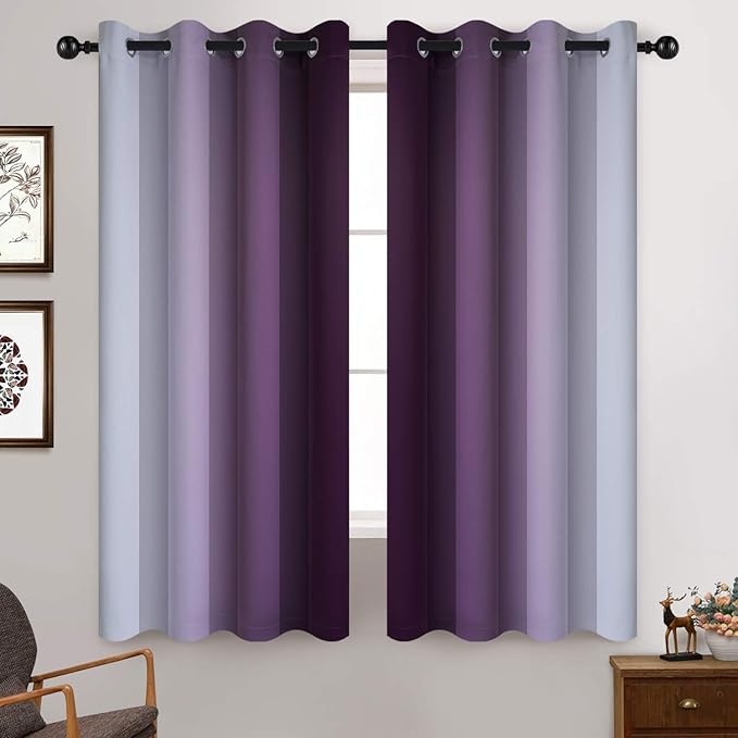 Yakamok Thermal Insulated Ombre Curtains 63 Inch Length 2 Panels, Greyish White and Purple Light Blocking Gradient Color Curtains, Room Darkening Grommet Window Drapes for Bedroom