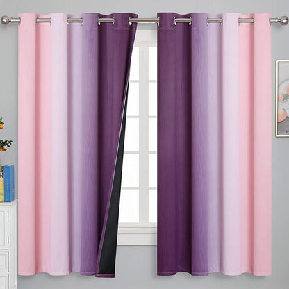 Pink and Purple Curtains 63 Inch Length 2 panels, Full Light Blocking Ombre Blackout Curtains for Kids Room, Thermal Insulated Noise Reducing Gradient Blackout Curtains for Girls Bedroom, 52x63 Inch
