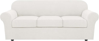 H.VERSAILTEX 4 Piece Stretch Sofa Covers for 3 Cushion Couch Covers for Living Room Furniture Slipcovers (Base Cover Plus 3 Seat Cushion Covers) Thicker Jacquard Fabric (Large Sofa, Porcelain White)