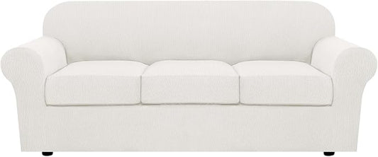 H.VERSAILTEX 4 Piece Stretch Sofa Covers for 3 Cushion Couch Covers for Living Room Furniture Slipcovers (Base Cover Plus 3 Seat Cushion Covers) Thicker Jacquard Fabric (Large Sofa, Porcelain White)