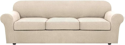 H.VERSAILTEX 4 Piece Stretch Sofa Covers for 3 Cushion Couch Covers for Living Room Furniture Slipcovers (Base Cover Plus 3 Seat Cushion Covers) Thicker Jacquard Fabric (Large Sofa, Natural)