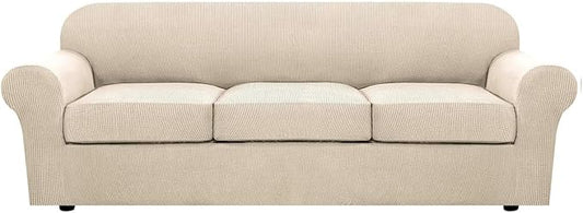 H.VERSAILTEX 4 Piece Stretch Sofa Covers for 3 Cushion Couch Covers for Living Room Furniture Slipcovers (Base Cover Plus 3 Seat Cushion Covers) Thicker Jacquard Fabric (Large Sofa, Natural)