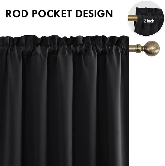 DWCN Blackout Curtains for Living Room Thermal Insulated, Energy Saving & Noise Reducing Bedroom Curtains, Black, W 52x L 36 Inch, Set of 2 Rod Pocket Curtain Panels