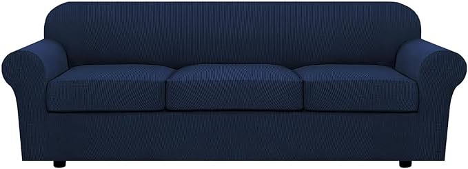 H.VERSAILTEX 4 Piece Stretch Sofa Covers for 3 Cushion Couch Covers for Living Room Furniture Slipcovers (Base Cover Plus 3 Seat Cushion Covers) Thicker Jacquard Fabric (Large Sofa, Navy)