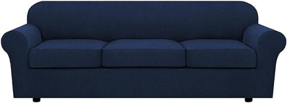 H.VERSAILTEX 4 Piece Stretch Sofa Covers for 3 Cushion Couch Covers for Living Room Furniture Slipcovers (Base Cover Plus 3 Seat Cushion Covers) Thicker Jacquard Fabric (Large Sofa, Navy)