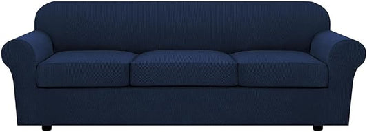 H.VERSAILTEX 4 Piece Stretch Sofa Covers for 3 Cushion Couch Covers for Living Room Furniture Slipcovers (Base Cover Plus 3 Seat Cushion Covers) Thicker Jacquard Fabric (Large Sofa, Navy)