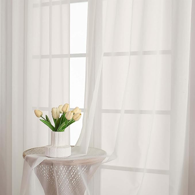 Chyhomenyc Ivory Sheer Valances for Windows - Light Filtering Small Kitchen Curtains, Rod Pocket Short Top Window Treatment Decor for Living Room Bathroom Basement, 42Wx16L inches, 2 Panels