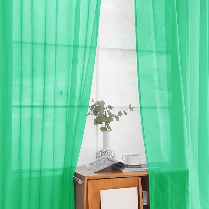 youleyar Solid Sheer Rod Pocket Curtain Voile Draperies 2 Panels White Beige Black Grey Ivory 52 Inch Width 90 Inch Long 1 Pair for Kitchen Bedroom Children Living Room Yard (Grass Green,52Wｘ90L)