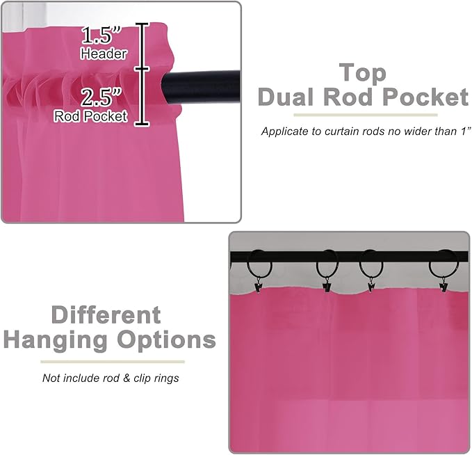Hot Pink Sheer Curtain for Bedroom Living Room 72 Inches Long 2 Panels Set, Solid Soft Airy Light Filtering Sheer Window Curtains, Modern Rod Pocket Door Curtain, Hot Pink, 42" Wx72 L Inches