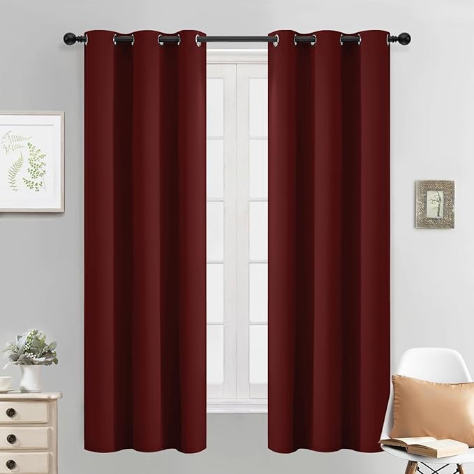 Yakamok Blackout Curtains for Bedroom, Thermal Insulated Blackout Window Curtains with Grommet Top for Living Room- Burgundy Red- 38W x 63L -2 Panels