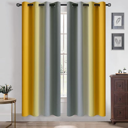 Yakamok Ombre Yellow and Grey Curtains for Bedroom, Gradient Room Darkening Curtains, Grommet Thermal Insulated Light Blocking Window Drapes/Curtain for Living Room,52 x 72 Inch,2 Panels