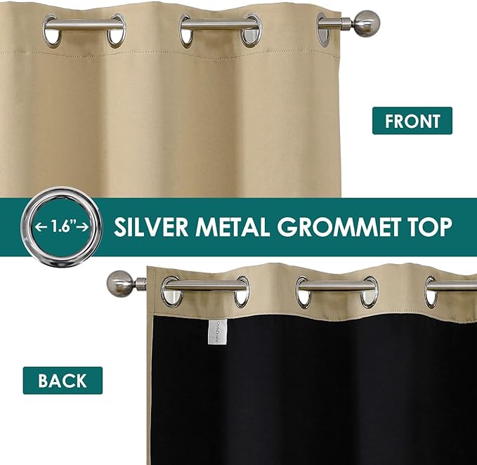 ChrisDowa 100% Blackout Curtains for Bedroom with Black Liner, 2 Thick Layers Total Blackout Thermal Insulated Grommet Long Window Curtains 2 Panels Set (Beige, 52 x 95 Inch)