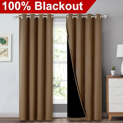 NICETOWN 100% Blackout Window Curtain Panels, Heat and Cold Blocking Drapes with Black Liner for Nursery, 84 inches Drop Thermal Insulated Draperies (Gold Brown, 2 Pieces, 52 inches Wide Each Panel)