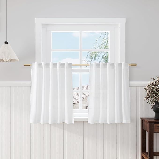 Nanspring White Curtains for Kitchen Linen Semi Sheer Light Filtering Curtains Back Tab and Rod Pocket Farmhouse Decor Curtain for Bathroom Small Window Drapes 34 x 30 Inch,2 Panels