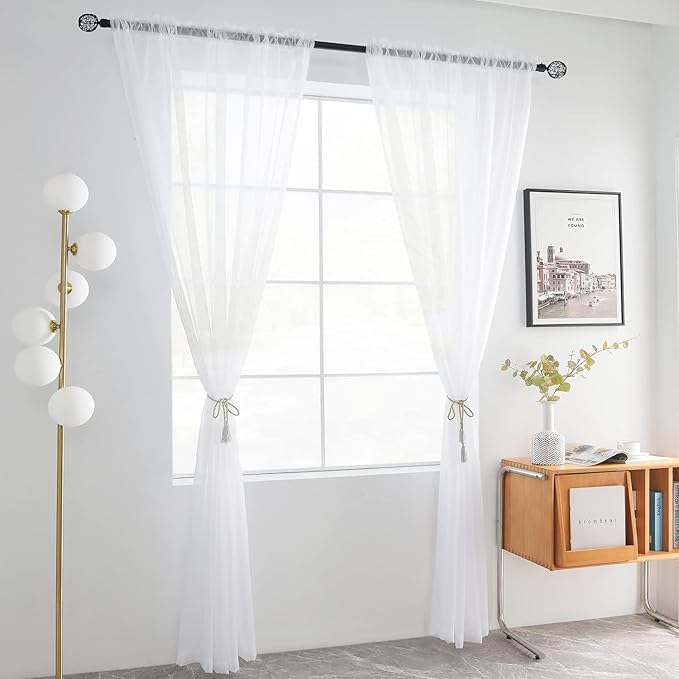 youleyar Solid Sheer Rod Pocket Curtain Voile Draperies 2 Panels White Beige Black Grey Coffee 42 Inch Width 63 Inch Long 1 Pair for Kitchen Bedroom Children Living Room Yard(White,42Wｘ63L)