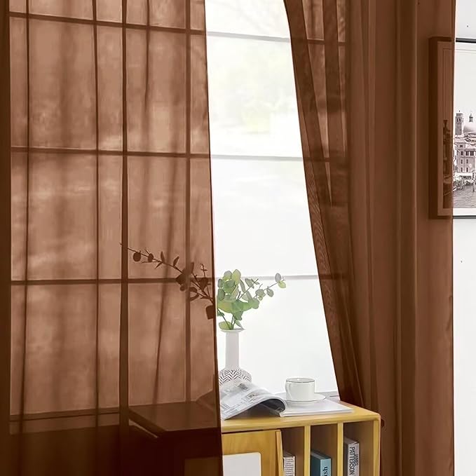 SpaceDresser Basic Rod Pocket Sheer Voile Window Curtain Panels Brown 1 Pair 2 Panels 52 Width 36 Inch Long for Kitchen Bedroom Children Living Room Yard（Brown, 52W x 36L）