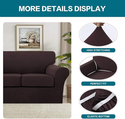 Turquoize 4 Piece Sofa Covers For 3 Cushion Couch Sofa Slipcover Soft Couch Cover For Dogs-Washable Sofa Furniture Covers With 3 Individual Cushion Covers Thick Jacquard Fabric (3 Cushion Sofa, Brown)