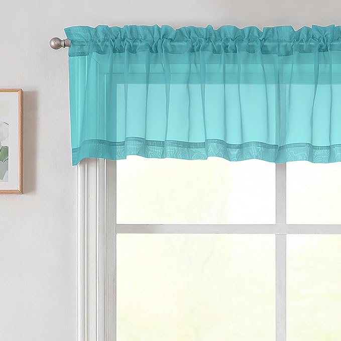 Turquoise Valances for Windows, Turquoise Sheer Curtains 14 Inch Length 2 Pack Kitchen Drapes, Modern Solid Mini Small Window Curtains for Cafe Bathroom Basement, Each 42" Wx14 L Inches