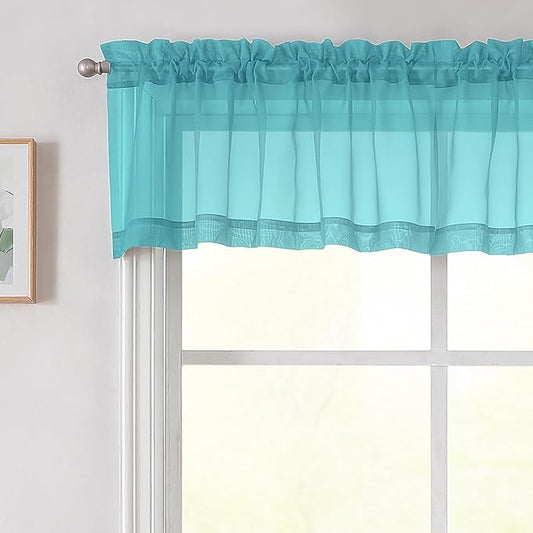 Turquoise Valances for Windows, Turquoise Sheer Curtains 14 Inch Length 2 Pack Kitchen Drapes, Modern Solid Mini Small Window Curtains for Cafe Bathroom Basement, Each 42" Wx14 L Inches
