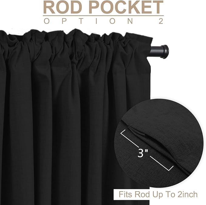 100% Blackout Shield Linen Blackout Curtains for Bedroom 84 Inches Long, Back Tab/Rod Pocket Living Room Drapes, Thermal Insulated Blackout Curtains 1 Panel Set, 100" W x 84" L, Black
