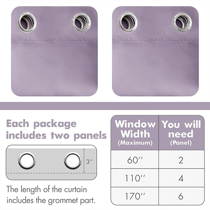 MIULEE Blackout Room Darkening Curtains Thermal Insulated Drapes Solid Window Treatment Set Grommet Top Light Blocking Curtain for Living Room/Bedroom 2 Panels 52 x 84 inch Length Lilac