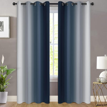 Yakamok Room Darkening Ombre Curtains 90 Inch Length, Navy Blue and Greyish White Thermal Insulated Gradient Color Curtains,Light Blocking Grommet Window Drapes for Bedroom,52 Inch Width,2 Panels