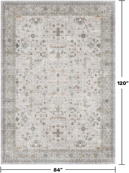 Hazo Haus Boho Light Grey Living Room Rug 7x10 - Modern Vintage Eclectic Floral Pastel Neutral Taupe, Washable Low Pile Non-Slip Large Area Rugs for Dining Under Table Bedroom Lounge