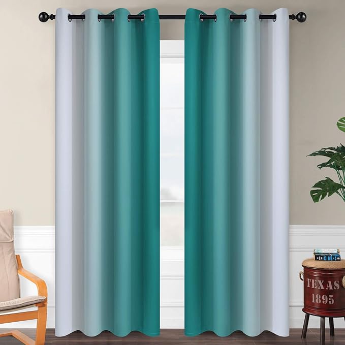 SimpleHome Ombre Room Darkening Curtains for Living Room, Light Blocking Gradient Teal to Greyish White Thermal Insulated Grommet Window Curtains/Drapes for Bedroom, 2 Panels, 52x84 inches Length