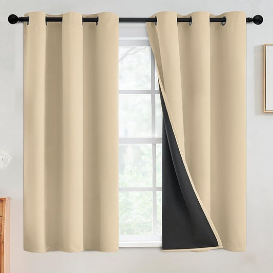 SimpleHome 100% Blackout Curtains for Bedroom,Thermal Insulated Beige Grommet Window Drapes Room Darkening Curtains for Living Room with Black Back,42 x 54 Inch,2 Panels