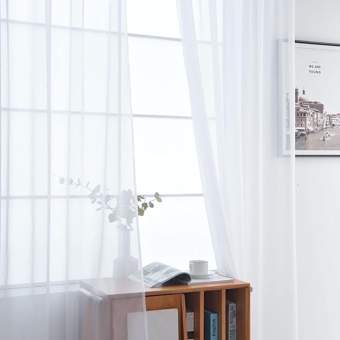 SpaceDresser Sheer White Curtains 4 Panels Rod Pocket Semi-Sheer Curtain 108 Inches Long Light Filtering Voile Window Drapes for Bedroom Living Room Kitchen, Each 52W x 108L