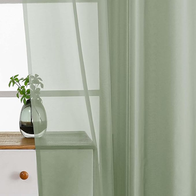 Sage Green Window Sheer Curtains 54 inch Length, Soft Airy Light Filtering Sheer Curtain 2 Panels Set, Dual Rod Pocket Gauze Drapes for Living Room Bedroom, 2x42Wx54L Inches
