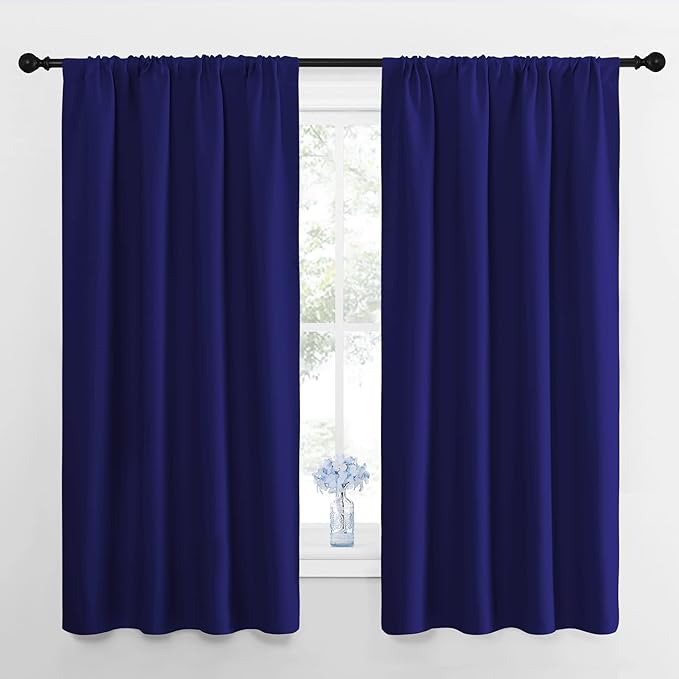NICETOWN Window Curtains for Bedroom, Navy Blue, 2 Panels, W42 x L48 -Inch, Home Decoration Thermal Insulated Rod Pocket Blackout Blinds & Drapes for Small Windows