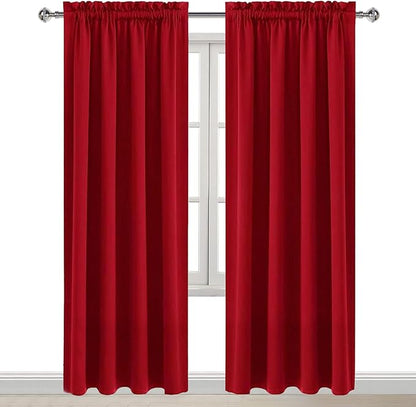 DWCN Christmas Blackout Curtains Room Darkening Thermal Insulated Bedroom Curtains Window Curtain Panels, 52 x 84 inches Long, Set of 2 Red Rod Pocket Drapes