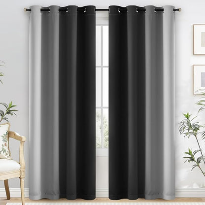 Yakamok 100% Blackout Curtains 84 Inch Length 2 Layers,Black Curtains for Bedroom Ombre Room Darkening Grommet Gradient Drapes, Light Blocking Thermal Insulated Window Curtains for Living Room