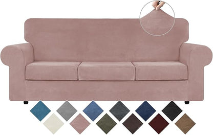 WEERRW 4 Pieces Velvet High Stretch Couch Covers for 3 Cushion Couch Sofa Slipcovers, Washable Furniture Protector with Non Slip Elastic Bottom, Feature Soft and Thick Plush Fabric, Pink, Large