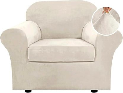 H.VERSAILTEX Rich Velvet Stretch 2 Piece Cover Chair Slipcover Sofa Cover Furniture Protector Couch Soft with Elastic Bottom Chair Couch Cover with Arms Width Up to 49 Inch(Chair, Ivory)