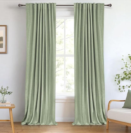 100% Blackout Shield Linen Blackout Curtains for Bedroom 108 Inches Long, Back Tab/Rod Pocket Living Room Drapes, Thermal Insulated Blackout Curtains 2 Panels Set, 50" W x 108" L, Sage