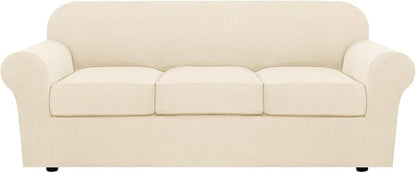 H.VERSAILTEX 4 Piece Stretch Sofa Covers for 3 Cushion Couch Covers for Living Room Furniture (Base Cover Plus 3 Seat Cushion Covers) Upgraded Thicker Jacquard Fabric (Sofa, Cream)