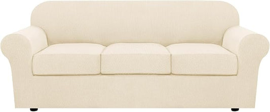 H.VERSAILTEX 4 Piece Stretch Sofa Covers for 3 Cushion Couch for Living Room Furniture Slipcovers (Base Cover Plus 3 Seat Cushion Covers) Thicker Jacquard Fabric (Large Sofa, Cream)