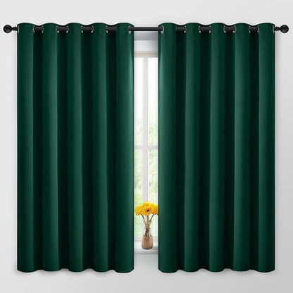 Yakamok Blackout Curtains Room Darkening Thermal Insulated Window Panels,Solid Grommet Top Drapes for Bedroom/Living Room(62Wx63L, Dark Green, 2 Panels)