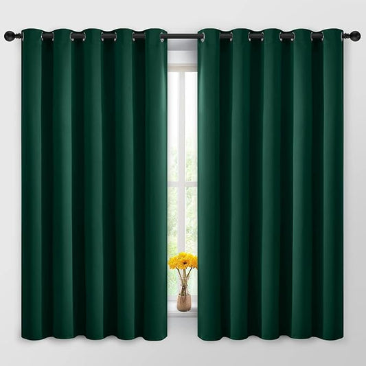 Yakamok Blackout Curtains Room Darkening Thermal Insulated Window Panels,Solid Grommet Top Drapes for Bedroom/Living Room(62Wx63L, Dark Green, 2 Panels)