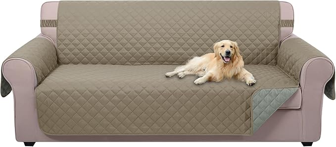 U-NICE HOME 4 Seater Sofa Cover 91 Inch Large Couch Covers for 4 Cushion Couch with Elastic Straps Water Resistant Furniture Protector Cover for Pets Cat (Sofa XX-Large, Khaki/Light Grey)