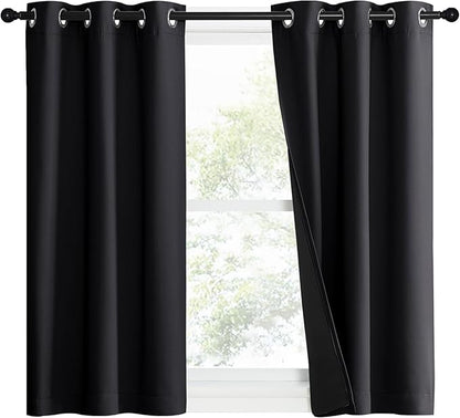 NICETOWN Complete 100% Blackout Curtain Set, Black, 37" W by 50" L, Double Panels, Thermal Insulated & Energy Efficiency Window Draperies with Black Liner, Noise Reducing Short Curtains for Kids Room