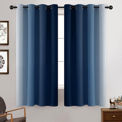 Yakamok Blue and Greyish White Ombre Curtains 63 Inch Length, Room Darkening Gradient Color Curtains for Bedroom,Light Blocking Thermal Insulated Window Drapes for Living Room(2 Panels, 52x63 Inch)